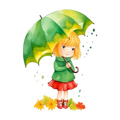 Wall Mural -  Little girl with green flower umbrella watercolor ilustration