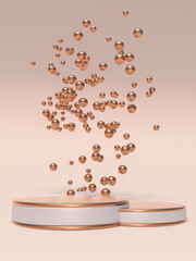 Poster - 3D golden white podium, stand, showcase with floating balls or bubbles. Nude background for advertising cosmetics for body and skin care. Mockup for makeup, care items on pastel backdrop.