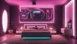 A high-energy futuristic bedroom with neon accents, where the neon-lit headboard and glowing nightstand pulsate to the beat of your favorite music. 