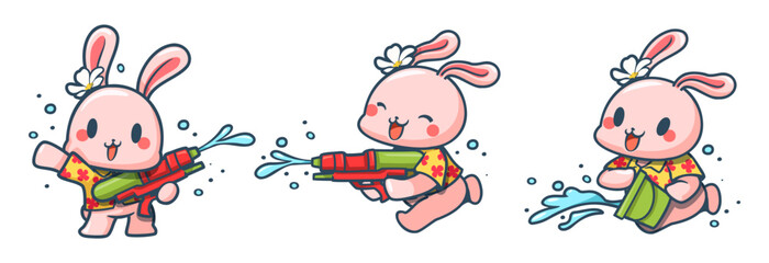 Set of animal character with gun spraying in songkran festival for decorated in cartoon style