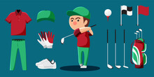 Golf Player Cartoon And Equipment Set Such As Ball, Uniform, Golf Club, Cue Stick, Glove, Shoe.
