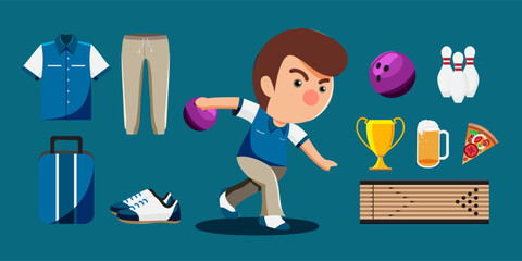 Wall Mural - Bowling player cartoon and equipment set such as ball, uniform, lane, pin, trophy, shoe.