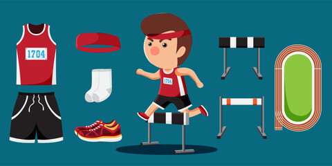 Wall Mural - Hurdle racing athletics player cartoon and equipment set such as hardle, track, shoes, apparel, uniform.