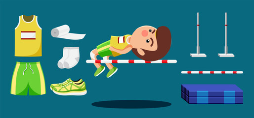 Wall Mural - High jump athletics player cartoon and equipment set such as filed, beam, cushion, pole, shoes, apparel, uniform.