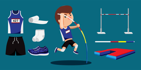 Wall Mural - Pole vault athletics player cartoon and equipment set such as filed, beam, cushion, pole, shoes, apparel, uniform.