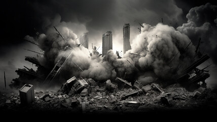 Wall Mural - dark ruined city with dramatic sky.