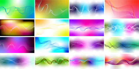 Poster - Set of sixteen wavy technology curve lines background. Abstract digital future technology concept frequency sound wave lines background. web, flyer, card, poster, texture, slide, magazine.
