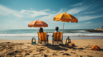 Wall Mural - Paar mit Sonnenstuhl am Strand