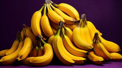 Wall Mural - Yellow bananas arranged against a deep purple background, offering a dynamic and energetic contrast