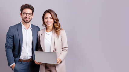 Multiracial pair of businesspeople holding laptop computer