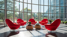 Modern Office Interior. Red Chairs And Glass Table With Windows. Modern Business And Education Concept.