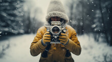 man holding a DSLR camera in snowy weather