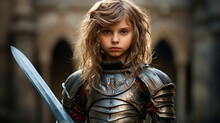 Portrait Of A Girl In Medieval Armor, A Princess With A Shield. Medieval Knight In Armor.