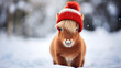 cute red pony in a winter hat and scarf on a snowy background
