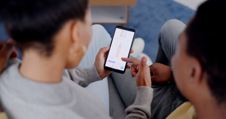 Poster - couple hands, online shopping and phone screen in closeup, home living room and scroll for choice. p
