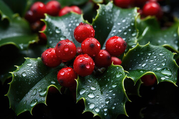 Poster - red Christmas holly berries with raindrops