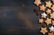 Christmas gingerbread homemade cookies dark wooden background, copy space. Winter holidays pastries.