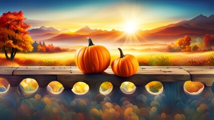 Wall Mural - autumn landscape with pumpkins and trees