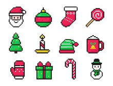 Christmas Pixel Art Set Of Icons, Vintage, 8 Bit, 80s, 90s Games, Computer Arcade Game Items, Santa, Ball, Sock, Lollipop, Tree, Candle, Elf Hat, Mug, Glove, Gift, Candy, Snowman, Vector Illustration