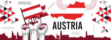 Austria National Day Banner With Map, Flag Colors Theme Background And Geometric Abstract Retro Modern White Red Design.
