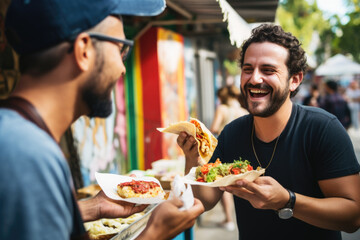 A chef gives a taco to a man at a street food market