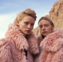 Wall Mural - Two beautiful women in pink fur coats stand against a desert sunrise, their clothing accentuating the vivid sky and symbolizing a wild autumn and winter