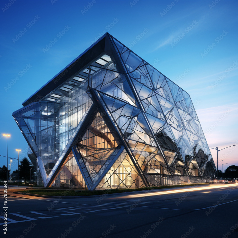 wider structural building in new modern shape with steel structure, glass finish, wide structure, no background