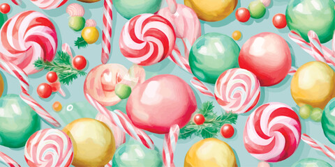 Seamless pattern of winter Christmas symbols, lollipopland, gingerbread man , on a pastel background.Vector pattern for Christmas,New Year designs,textiles,wrappers,wallpaper