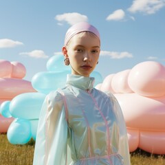 Wall Mural - A beautiful, surreal portrait of a woman in a pastel-colored dress and headband standing in an outdoor field of inflatable balloons under a cloudy autumn sky creates a captivating scene of color