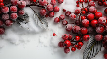 Festive Red Berries Covered In Frost On A Snowy Scene