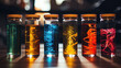 A row of colorful glass vials with different colored liquids, AI