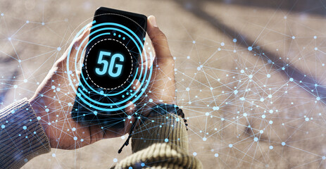 Leinwandbilder - Phone screen, hands and networking hologram for communication or outdoor cellular connectivity. Person, technology and mobile app, digital overlay or data for high speed connection or new generation