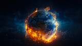 Fototapeta Fototapety kosmos - Earth planet burning in flames on dark background. Concept of the end of the world and global warming.