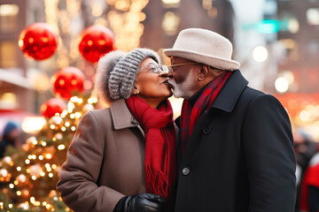 Wall Mural - Happy African American couple kissing at Christmas street fair. Festive city with glowing garlands