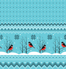 Poster - Knitted Christmas and New Year pattern into bullfinch. Wool Knitting Sweater Design. Wallpaper wrapping paper textile print.