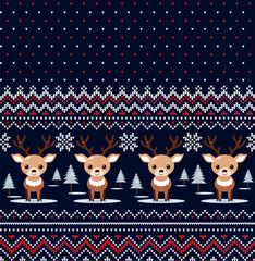 Poster - Knitted Christmas and New Year pattern into deer. Wool Knitting Sweater Design. Wallpaper wrapping paper textile print.