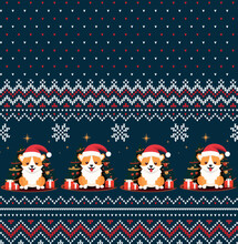 Knitted Christmas And New Year Pattern Into Corgi Dog In A Santa Hat. Wool Knitting Sweater Design. Wallpaper Wrapping Paper Textile Print.