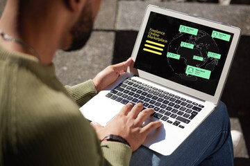 Poster - Outdoor, connection and copywriting with man, laptop and typing with online chatting, website information and network. Closeup, person and guy outdoor, pc and research with digital app and internet