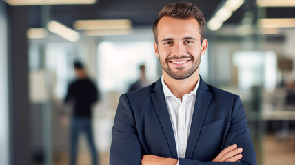 Wall Mural - Happy businessman standing with crossed arms, professional manager, confident businessman looking at camera.
