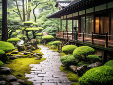 Tranquil Japanese Garden Landscape Setting With House On A Bright Inspiring Sunny Day. Beautiful Calm Summer Scene.