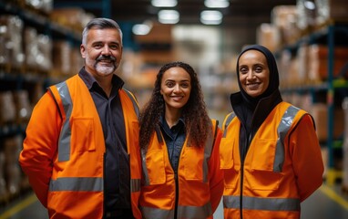 Group of diverse workers in a factory warehouse. Generative AI