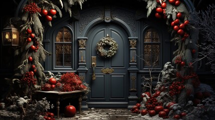 Generative AI, Front door with Christmas decoration, wreath and garland. Red and grey colors	