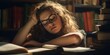 Female Student in Glasses Concentrates Sleepily on Books in a Library, Reflecting the Struggle for Work-Life Balance in a Meritocratic Society