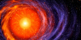 Kosmische Explosion einer Sonne im Zentrum einer spiralförmigen Galaxie, wie ein Auge, in leuchtenden Orange als wissenschaftlicher Hintergrund