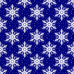 Wall Mural - Beautiful small white snowflakes isolated on a blue background. Cute monochrome New Year seamless pattern. Vector simple flat graphic illustration. Texture.