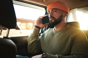 Poster - man, smartphone in car and phone call, travel and transportation, navigation app and communication. 