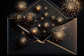 Poster - Open envelope with gold Christmas decorations on dark background