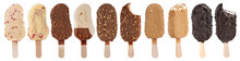 Chocolate ice creams with icing of different colors. A set of ice cream of different types, flavors on a white isolated background.