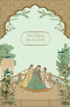 Mughal Arch Wedding Invitation Design. Women Are Dancing On Wedding Ceremony Vector Illustration.