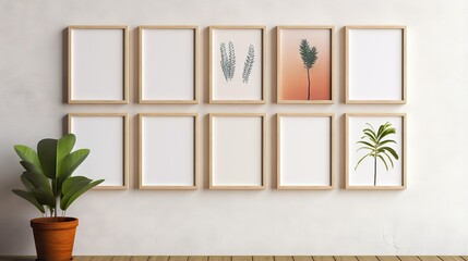 Poster -  a set of six framed pictures on a wall next to a potted plant.  generative ai